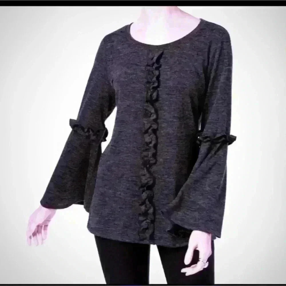 NY Collection Ruffled Bell Sleeve Sweater Black Gray Heather Size L